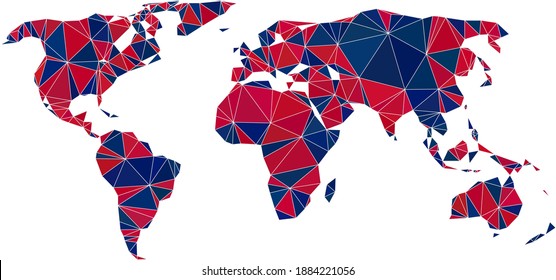 Vector triangle mosaic map of world in American flag colors, blue and red. Geographic collage in blue and red color shades. Abstract mosaic of map of world composed of triangle parts.