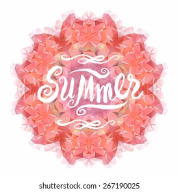Vector triangle pattern background. Kaleidoscope mandala. Modern banner design template, vector illustration. Hand lettering Summer.