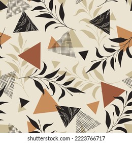 Vector triangle pattern with leaves. Scandinavian style. Linear boho sketch. Black and brown colors