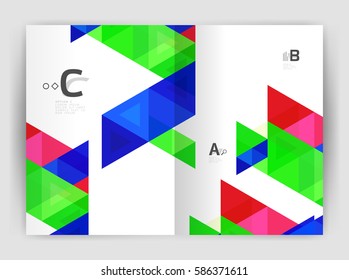 Vector triangle print template. Modern business brochure or leaflet print A4 cover template. Abstract background with color triangles. Vector design for workflow layout, diagram, number options or web