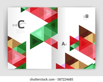 Vector triangle print template. Modern business brochure or leaflet print A4 cover template. Abstract background with color triangles. Vector design for workflow layout, diagram, number options or web