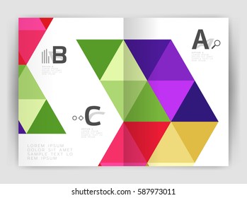 Vector triangle print template. Modern business brochure or leaflet print A4 cover template. Abstract background with color triangles. Vector design for workflow layout, diagram, number options or web