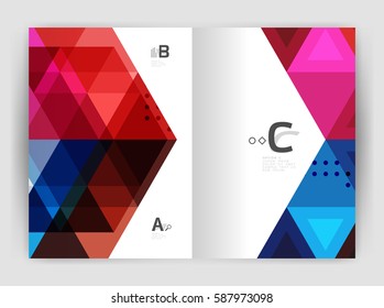 Vector triangle print template. Modern business brochure or leaflet print A4 cover template. Abstract background with color triangles. Vector design for workflow layout, diagram, number options or web