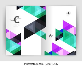 Vector triangle print template. Modern business brochure or leaflet print A4 cover template. Abstract background with color triangles. Vector design for workflow layout, diagram, number options or web
