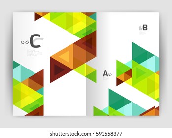 Vector triangle print template. Modern business brochure or leaflet print A4 cover template. Abstract background with color triangles. Vector design for workflow layout, diagram, number options or web