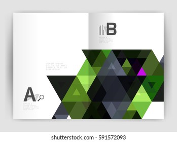 Vector triangle print template. Modern business brochure or leaflet print A4 cover template. Abstract background with color triangles. Vector design for workflow layout, diagram, number options or web