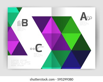 Vector triangle print template. Modern business brochure or leaflet print A4 cover template. Abstract background with color triangles. Vector design for workflow layout, diagram, number options or web