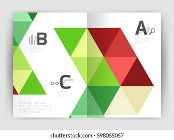 Vector triangle print template. Modern business brochure or leaflet print A4 cover template. Abstract background with color triangles. Vector design for workflow layout, diagram, number options or web