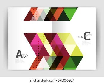 Modelo de impressão de triângulo vetorial. Brochura comercial moderna ou folheto impresso modelo de capa A4. Fundo abstrato com triângulos de cor. Design vetorial para layout de fluxo de trabalho, diagrama, opções de número ou Web
