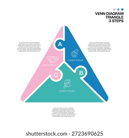 Plantilla de diagrama de infografía de rompecabezas de triángulo de Vector para presentaciones de negocios. 3 opciones, secciones de pasos, diagrama de Venn. Vector editable.