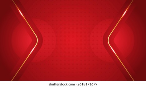 Vetor triângulo fundo de luxo gradiente vermelho com efeito de luz brilhante e elementos de linha de ouro.
