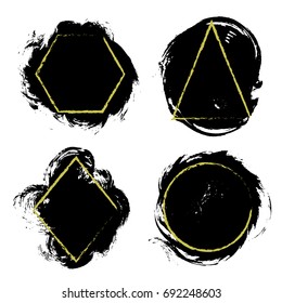 Vector triangle, rhombus, hexagon and round circle painted frames on black brush stroke background. Geometric shapes borders, frame lines on textured paint dab dirty design elements.