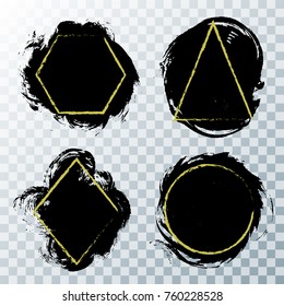 Vector triangle, rhombus, hexagon and round circle painted frames on black brush stroke background. Geometric shapes borders, frame lines on textured paint dab dirty design elements.