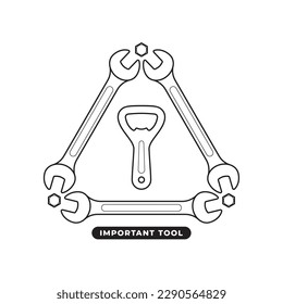 Vector triangle service key symbols with beer opener. Text Important tool. Isolated on white background.
