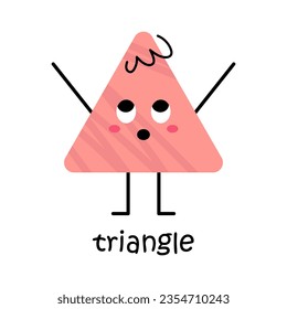 Vector triangle shape character. Cute basic geometric figure with face. Cute funny shape character for kids and children. Triangle poster for school and kindergarten.
