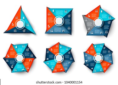 Vector triangle, square, pentagon, hexagon, heptagon and octagon infographic. Business diagrams with 3, 4, 5, 6, 7 and 8 steps or options. Geometric abstract elements.