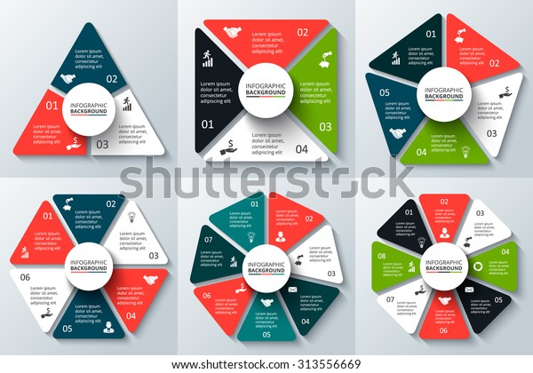 インフォグラフィック用のベクター三角形 正方形 五角形 六角形 七角形 八角形 循環図 グラフ およびグラフ のテンプレート 3 4 5 6 7 8のオプション パーツ ステップを含むビジネスコンセプト のベクター画像素材 ロイヤリティフリー