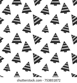 Vector triangle xmas tree seamless pattern. Merry Christmas and happy new year greeting card backdrop design. Retro hand drawn flat art on white background.