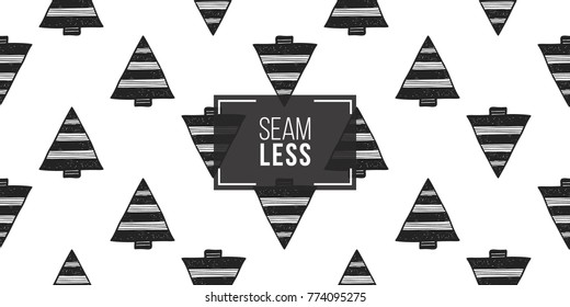 Vector triangle xmas tree seamless pattern. Merry Christmas and happy new year greeting card backdrop design. Retro hand drawn flat art on white background.