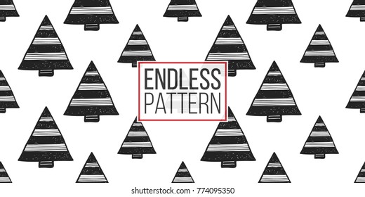 Vector triangle xmas tree seamless pattern. Merry Christmas and happy new year greeting card backdrop design. Retro hand drawn flat art on white background.