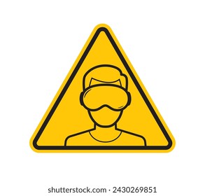 Vector triangle yellow sign danger. Human with virtual reality glasses. Isolated on white background Isolated on white background
