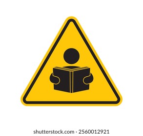 Vector triangle yellow sign danger. Human character reading an open book. Isolated on white background.
