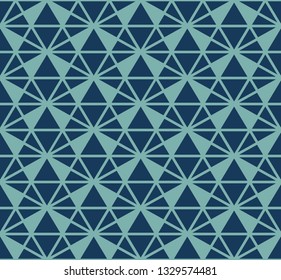 Vector triangles pattern. Abstract geometric seamless texture in navy blue and turquoise color. Simple ornament with grid, lattice, net, triangles. Funky colorful graphic background. Repeatable design