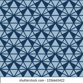 Vector triangles pattern. Abstract geometric seamless texture in navy and blue color. Simple ornament with grid, lattice, net, triangles. Stylish minimalist graphic background. Modern repeated design