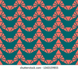 Vector triangles pattern. Abstract geometric seamless texture in trendy color, living coral and dark green. Stylish graphic background with grid, net, triangles, arrows, pyramids. Modern repeat design