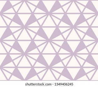 Vector triangles pattern. Abstract geometric seamless texture in lilac and white color. Simple ornament with grid, lattice, net, triangles, hexagons. Elegant graphic background. Modern repeat design