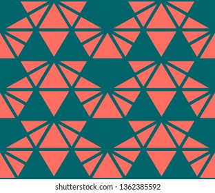 Vector triangles pattern. Abstract geometric seamless texture in trendy color, coral and dark green. Simple ornament with grid, net, triangles, arrows. Stylish graphic background. Repeat design