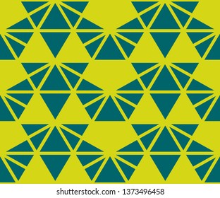 Vector triangles pattern. Abstract geometric seamless texture in trendy colors, lime and dark green. Stylish graphic background with grid, triangles, arrows, pyramid shapes. Simple repeated design