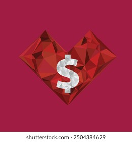 A vector of triangular heart and dolar sign on red background. Super thanks symbol