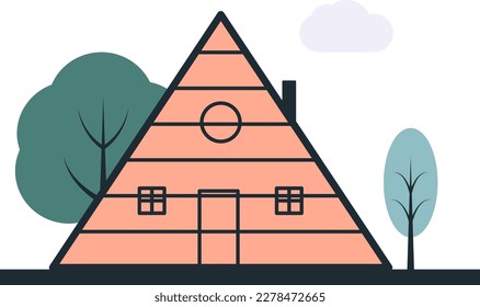 Vector triangular house with a chimney and trees around eps 10. Vector unusual house of irregular shape in the forest with clouds in the background eps 10