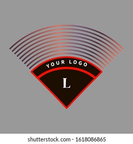 Vector triangular logo in red on a dark background with lines in the form of iridescent rays.