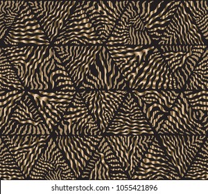 Vector triangular patchwork seamless pattern from hand drawn Zebra stripes. Golden animal print on a black background.  Batik paint, wallpaper décor, textile patch, wrapping paper