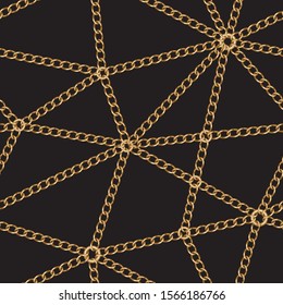 Vector Triangular patchwork seamless pattern from Baroque golden chains on a  Black background. Batik paint, wallpaper décor, textile patch, wrapping paper, web page fill