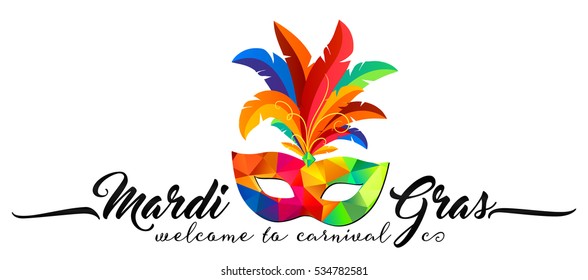 Vector triangular pattern carnival mask with colorful feathers and calligraphic sign Mardi Gras