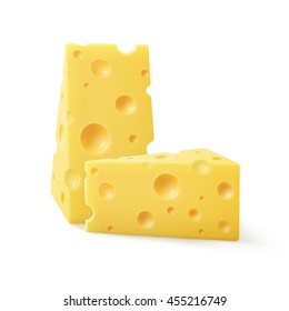 Vector Triangular Pieces of Swiss Cheese Close up Isolated on White Background