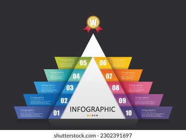 vector triangular pyramidal infographic with hierarchical hierarchy showing 10 layers of gradients in bright colors on a modern gray background for finance education presentation and administration.