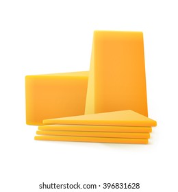 Vector Triangular Sliced Pieces of Cheddar Cheese Close up Isolated on White Background