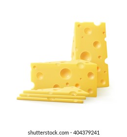 Vector Triangular Sliced Pieces of Swiss Cheese Close up Isolated on White Background