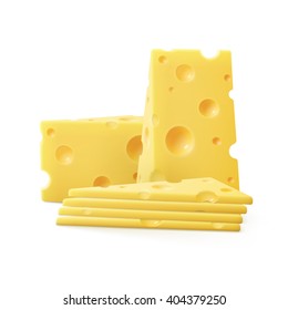 Vector Triangular Sliced Pieces of Swiss Cheese Close up Isolated on White Background