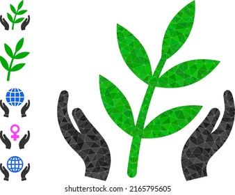 Vector triangulated agriculture care hands icon image is designed with chaotic filled triangles. Triangulated agriculture care hands polygonal symbol vector illustration.