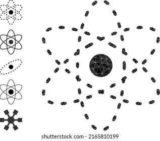 Vector triangulated atom model icon illustration is constructed of randomized filled triangles. Triangulated atom model polygonal icon vector illustration.