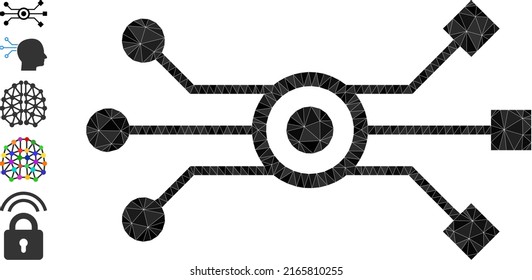 Das Icon des Vektordreiecks wurde aus randomisierten, gefüllten Dreieckelementen erstellt. Triangulated Circuit Netzwerk polygonal Symbol Vektorgrafik.