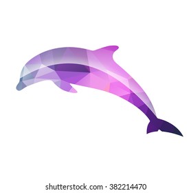 Vector triangulated dolphin silhouette isolated on white background. Triangle. Purple. Red. Pink. Dolphin symbol. Sign. Icon. Glossy abstract dolphin. Reflective.Reflection. Modern