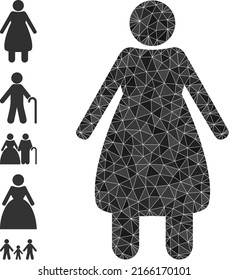 Vector triangulated elder woman icon illustration is combined of randomized filled triangle parts. Triangulated elder woman polygonal 2d vector illustration.