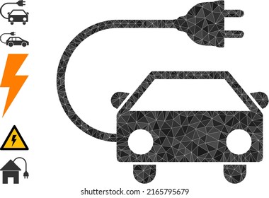 Vector triangulated electric car icon image combined of chaotic filled triangles. Triangulated electric car polygonal icon vector illustration.