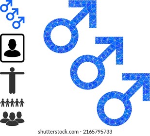 Vector triangulated male cohort icon illustration is constructed of randomized filled triangles. Triangulated male cohort polygonal icon vector illustration.